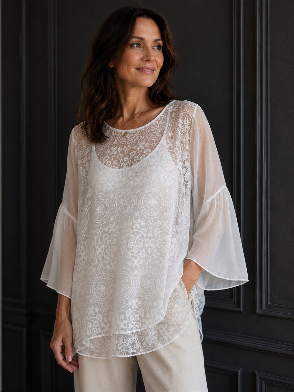 NWT Flowing sheer 100% silk blouse over Lacy tee Italy Handcrafted Medium